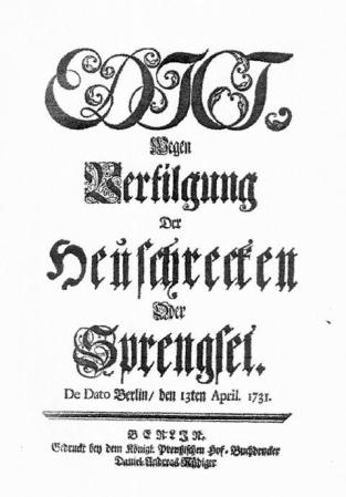Alter Buchtitel "Edict wegen Vertilgung der Heuschrecken oder Sprengsel"