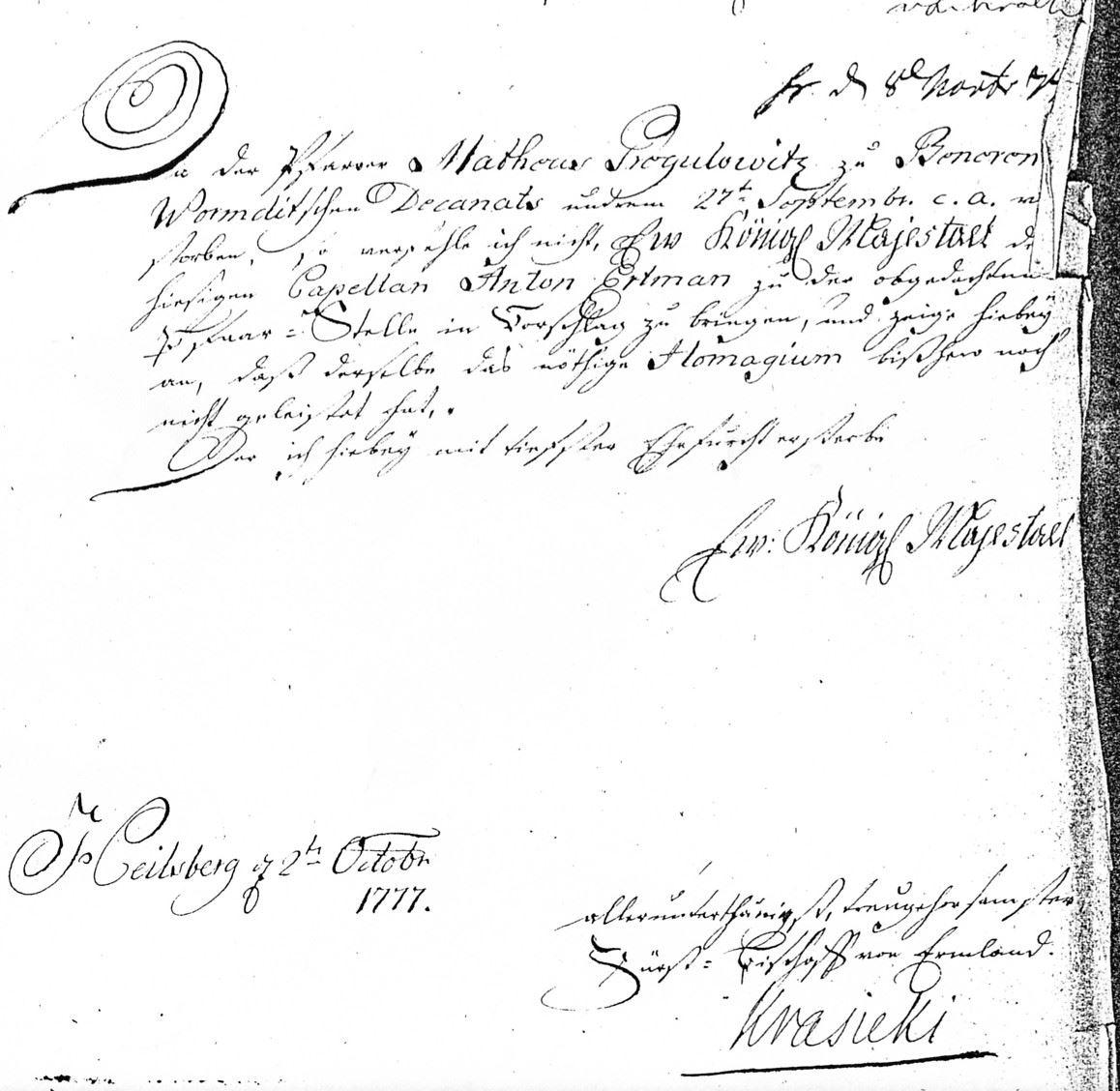 altes Dokument mit Unterschrift Pfarrer Erdmann (Benern, Ostpreußen)