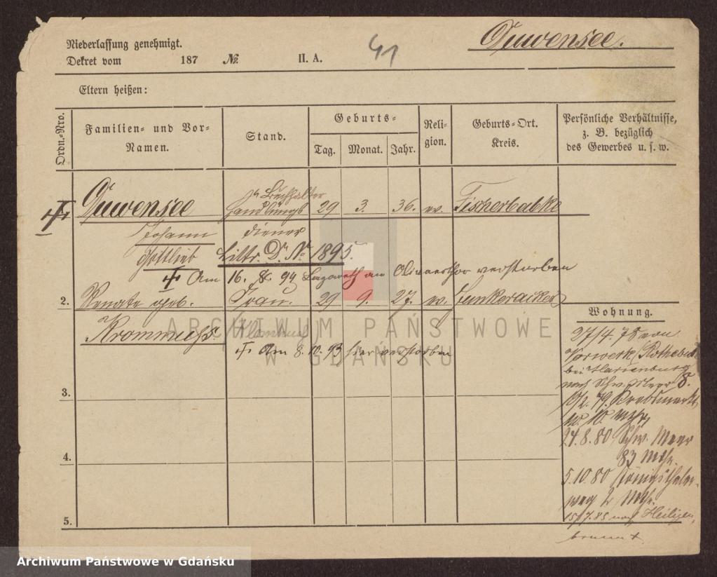 Auszug aus der Meldekartei der Danziger Polizeibehörde für Johann Gottlieb Duwensee