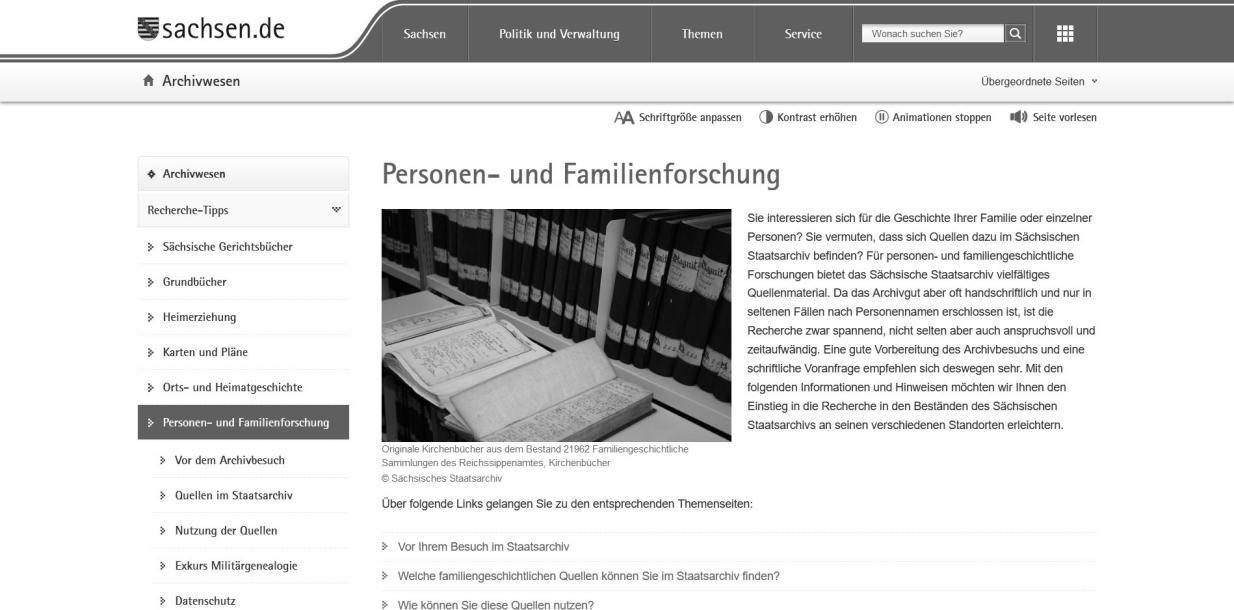 Screenshot Website des Sächsischen Staatsarchivs